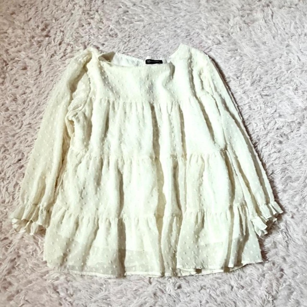 Cream Swiss Dot Minimalist Ruffle Boho Country Cowgirl Flowy Top Womens S Hobbit